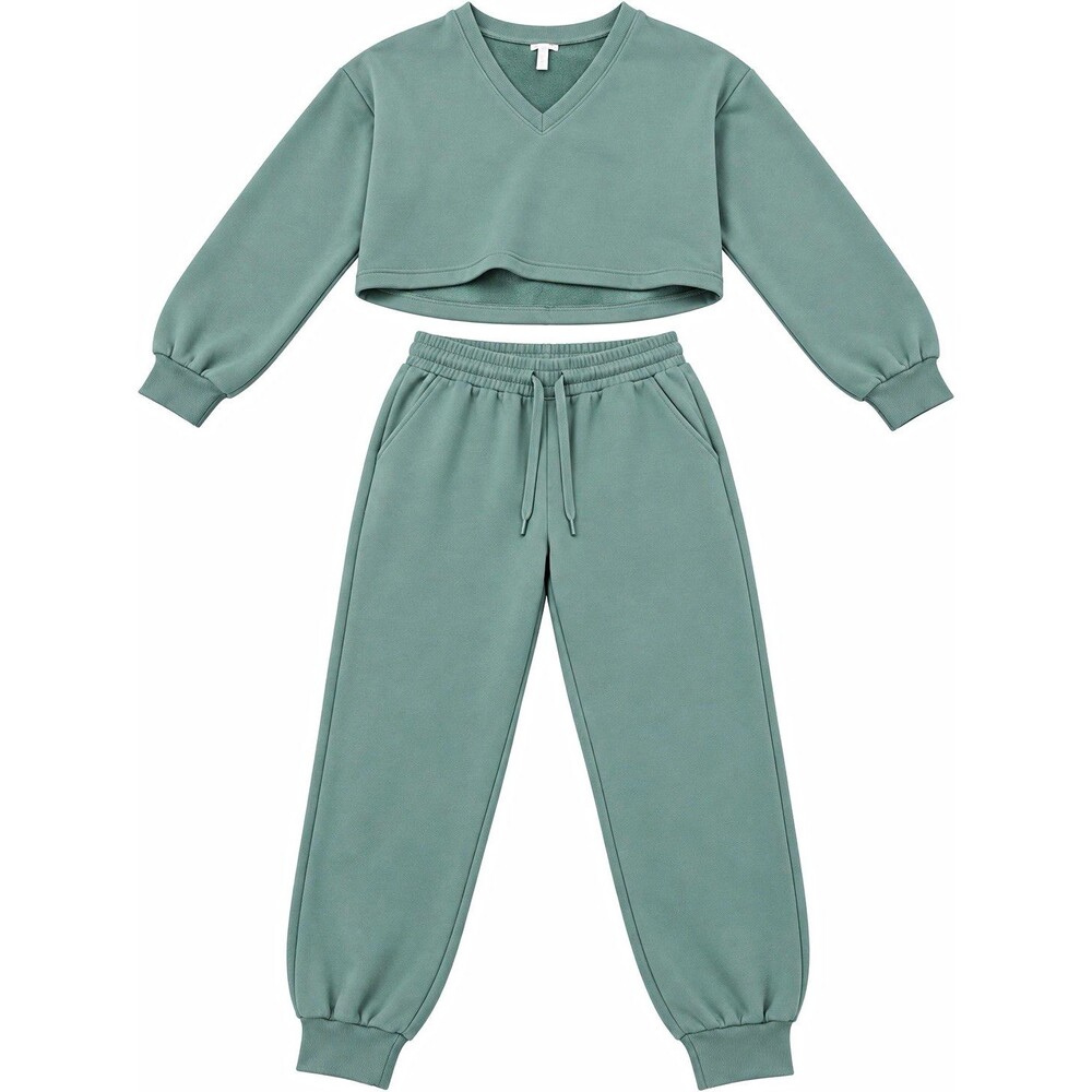 Fashion Nova 2pc Fleece Set V-Neck Cropped Sweatshirt Joggers L Green